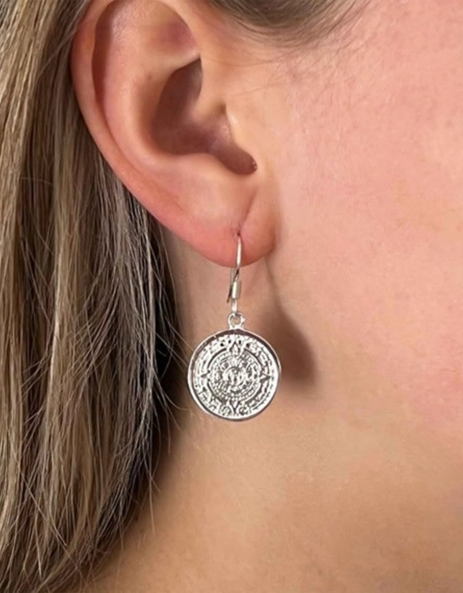 Global Crafts Mexican Taxco Alpaca Silver Aztec Calendar Dangle Earrings