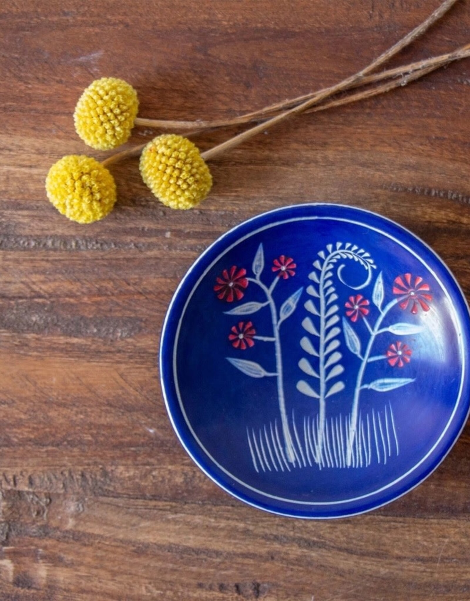 Global Crafts Soapstone Blue Dish with Red Flower