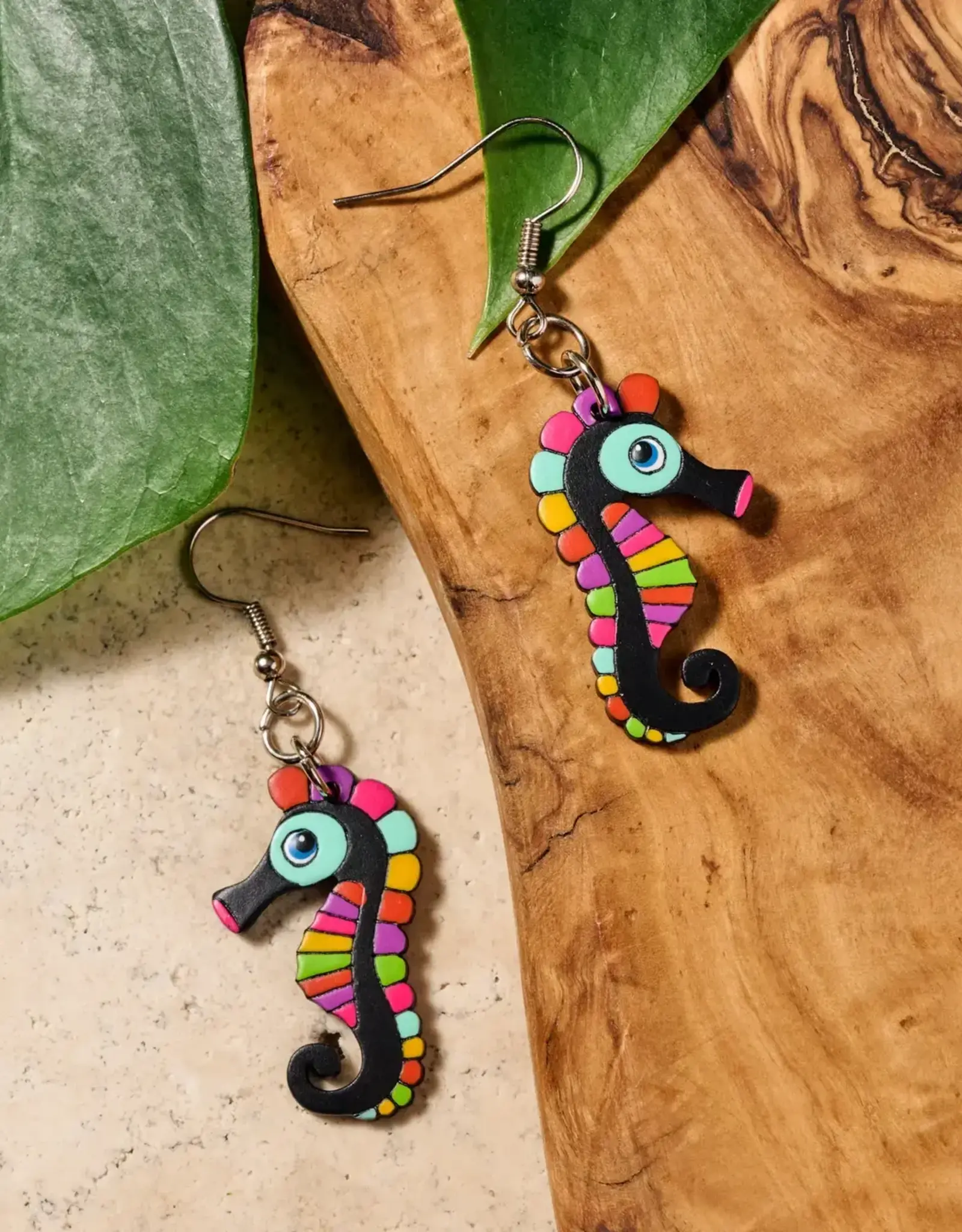 Ten Thousand Villages Hand Painted Gourd Seahorse Dangle Earrings