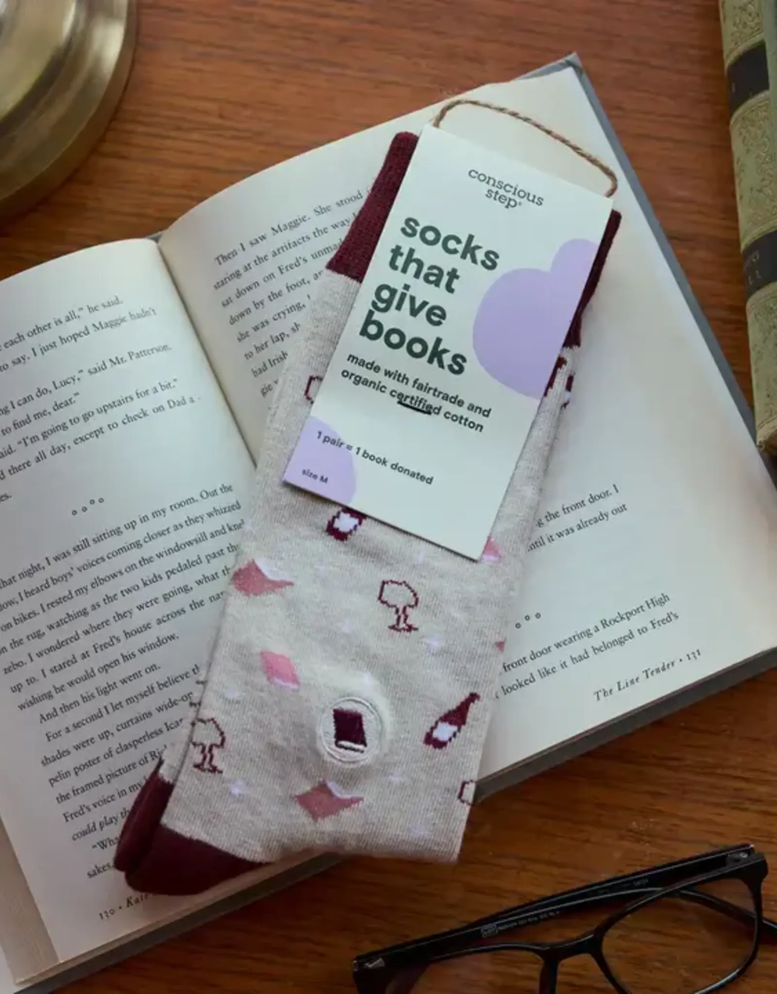 Conscious Step Socks that Give Books (Beige Books and Wine