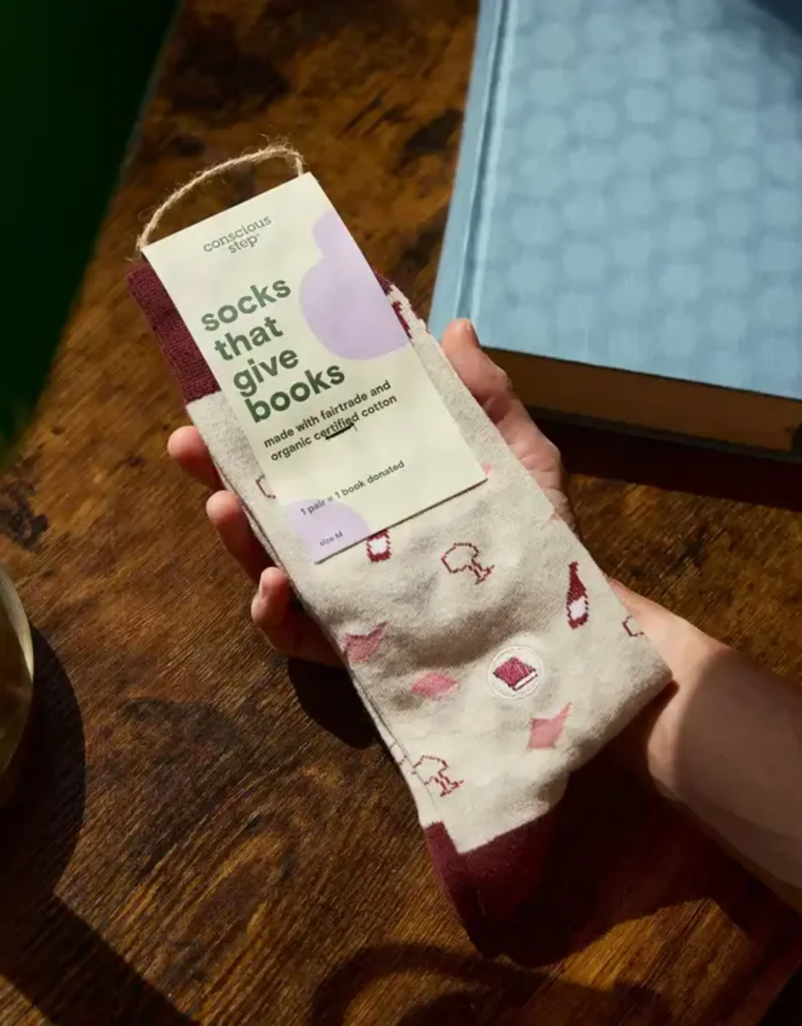 Conscious Step Socks that Give Books (Beige Books and Wine