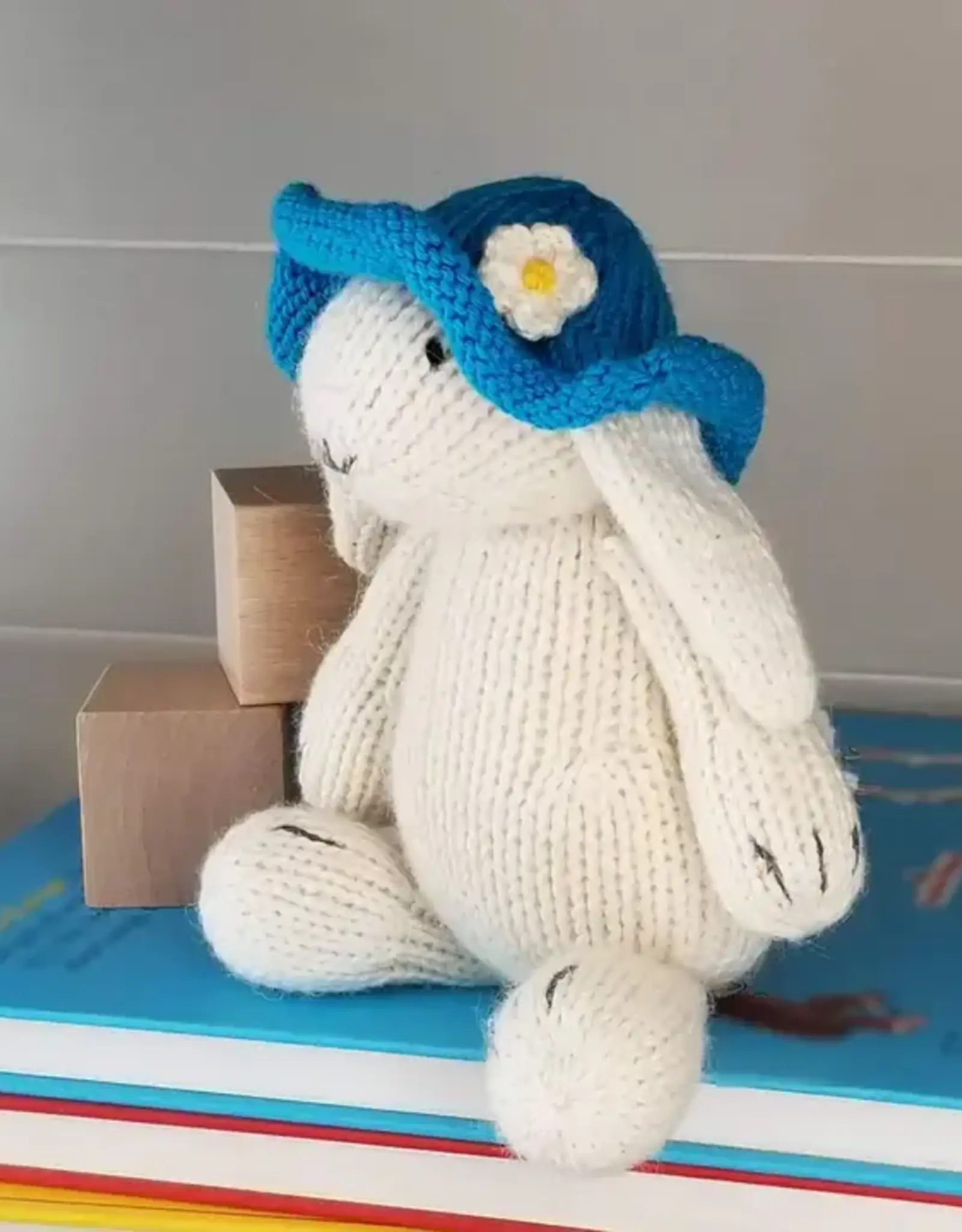 Melange Collection Knit White Bunny with Blue Sun Hat Toy