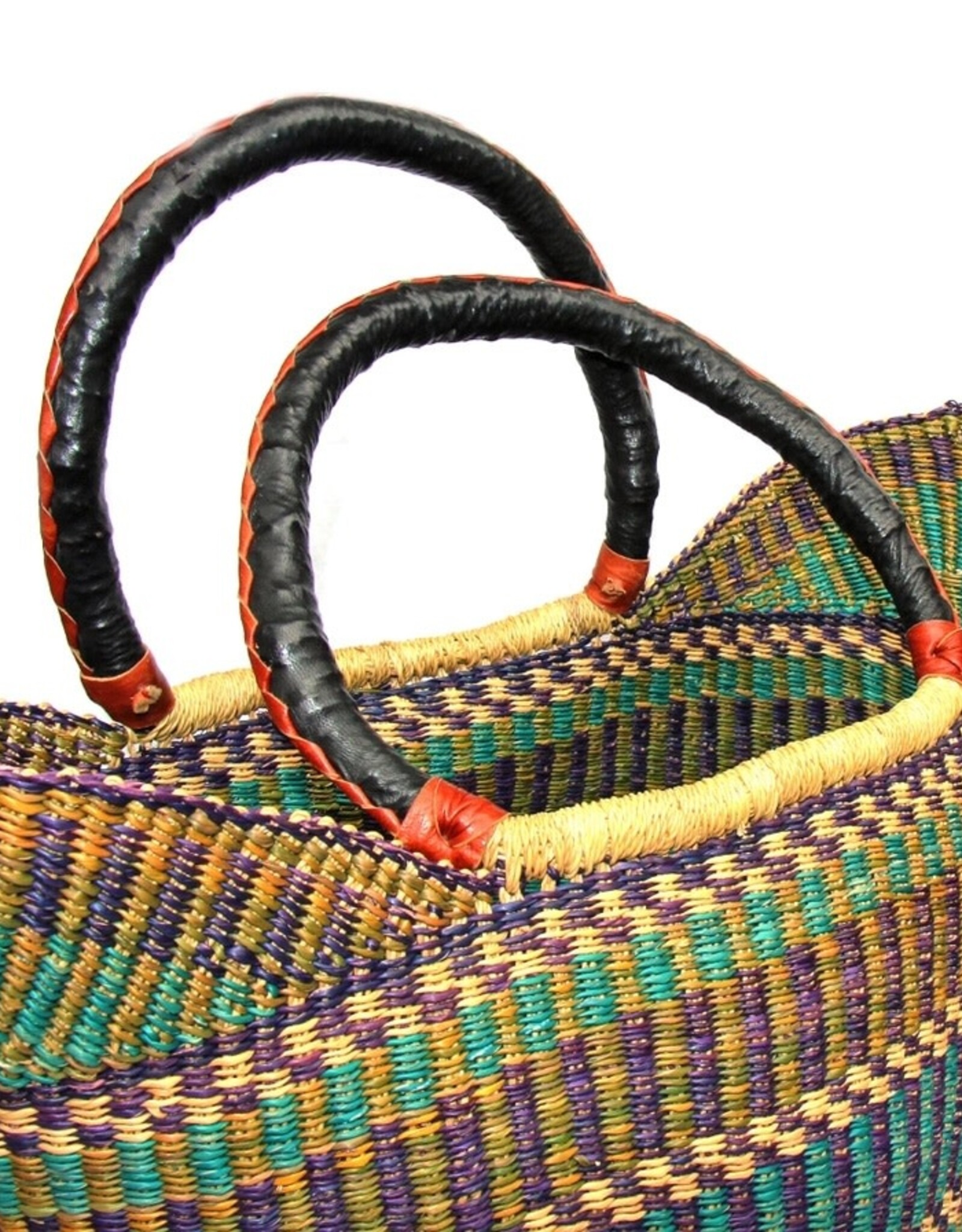 Global Crafts Bolga Tote, Mixed Colors with Leather Handle