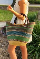 Global Crafts Bolga Tote, Mixed Colors with Leather Handle