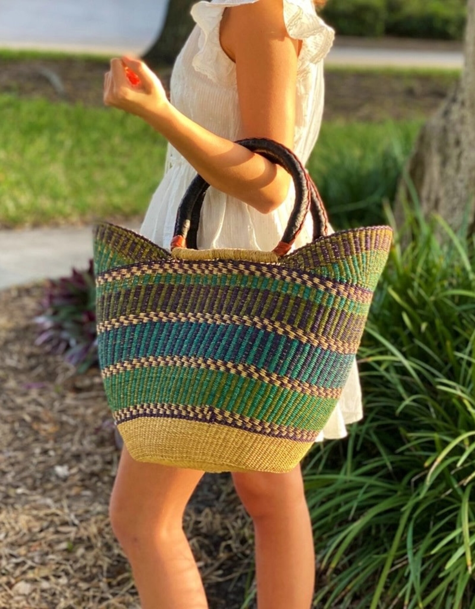 Global Crafts Bolga Tote, Mixed Colors with Leather Handle