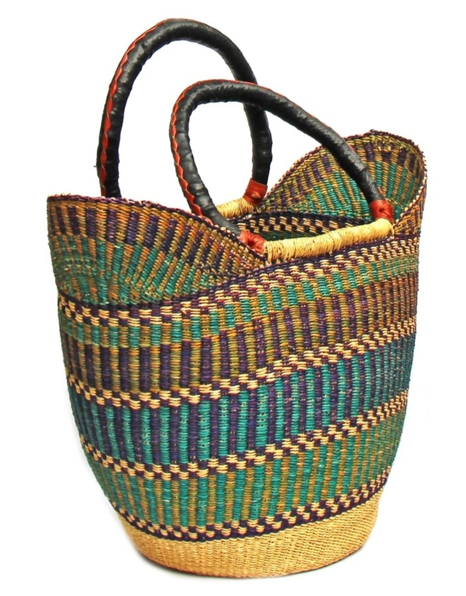 Global Crafts Bolga Tote, Mixed Colors with Leather Handle