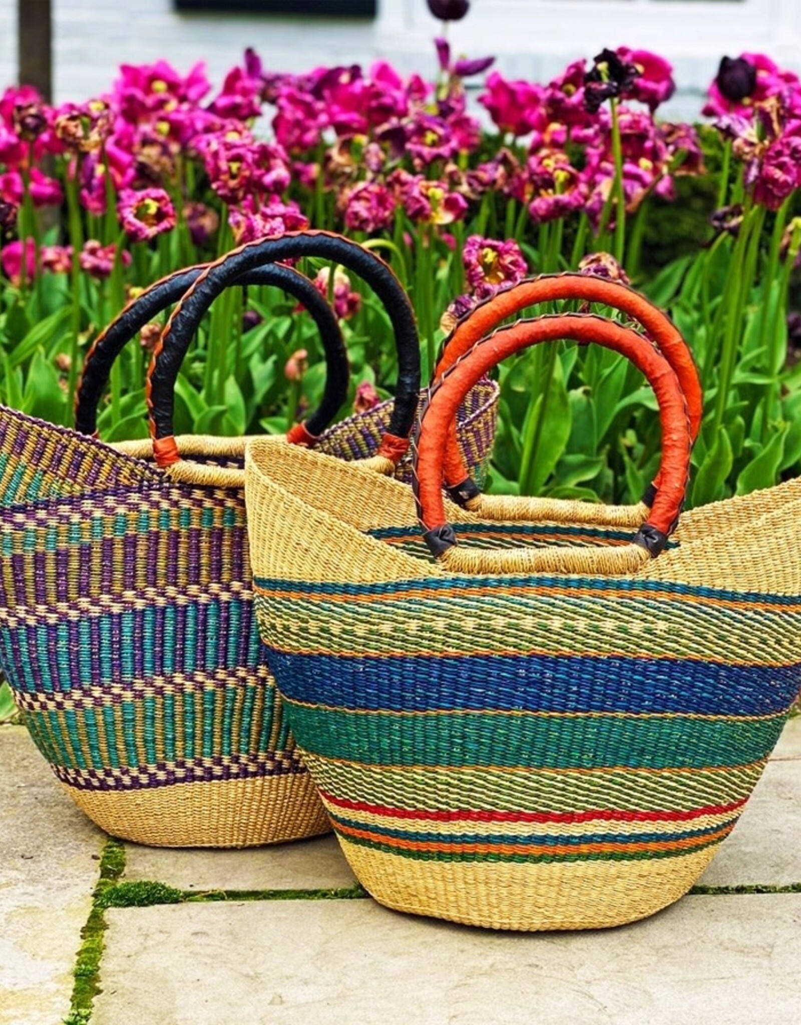 Global Crafts Bolga Tote, Mixed Colors with Leather Handle