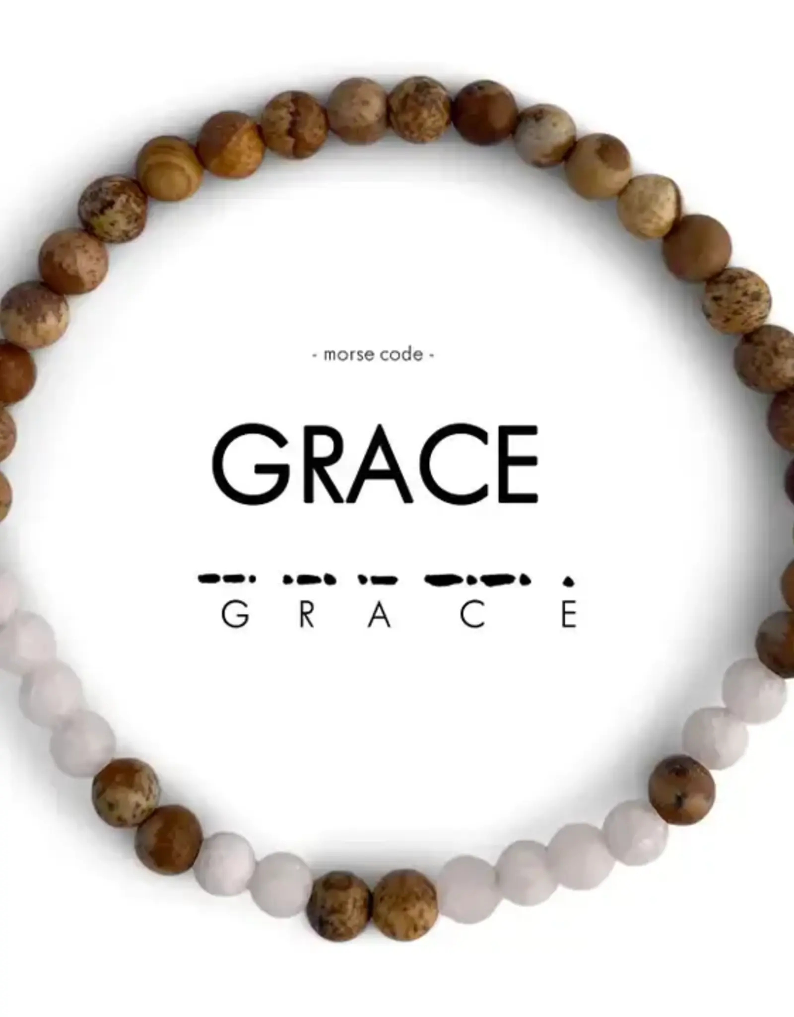 EthicGoods Morse Code Bracelet: Grace (Tan Picture Jasper & Frosted White Quartz)