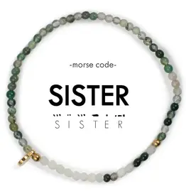 EthicGoods 3mm Morse Code Bracelet: Sister (Moss Agate & Mother of Pearl)