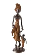 Swahili African Modern Bronze Mother & Child Walking Sculpture
