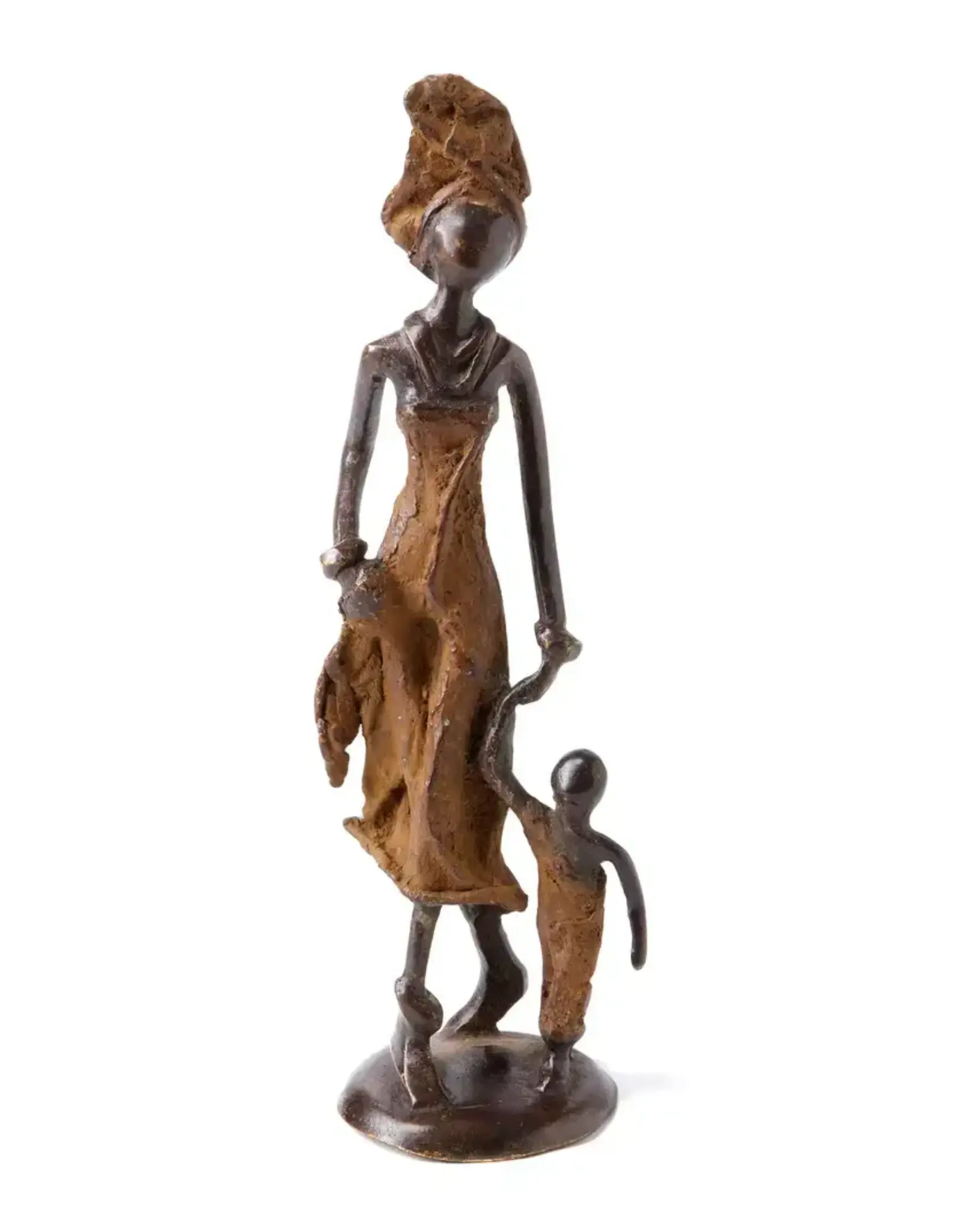 Swahili African Modern Bronze Mother & Child Walking Sculpture
