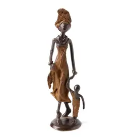 Swahili African Modern Bronze Mother & Child Walking Sculpture
