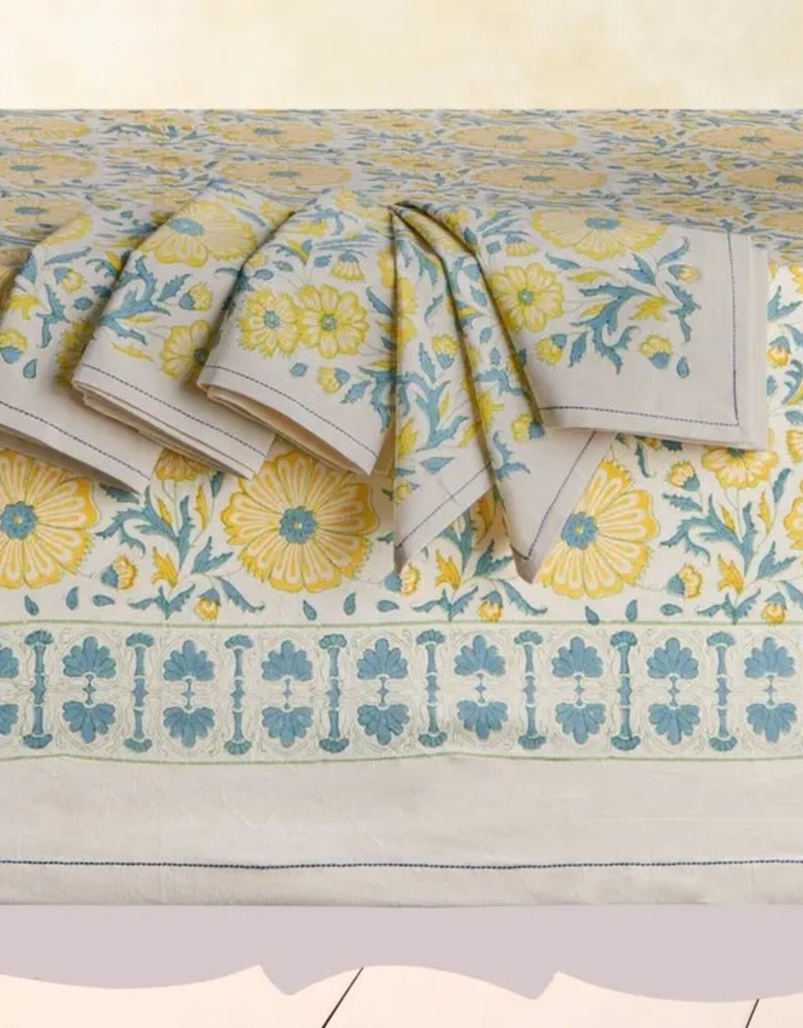 Sustainable Threads Hand Block Printed Cotton Tablecloth - Bloom Wheat 60" X 60"