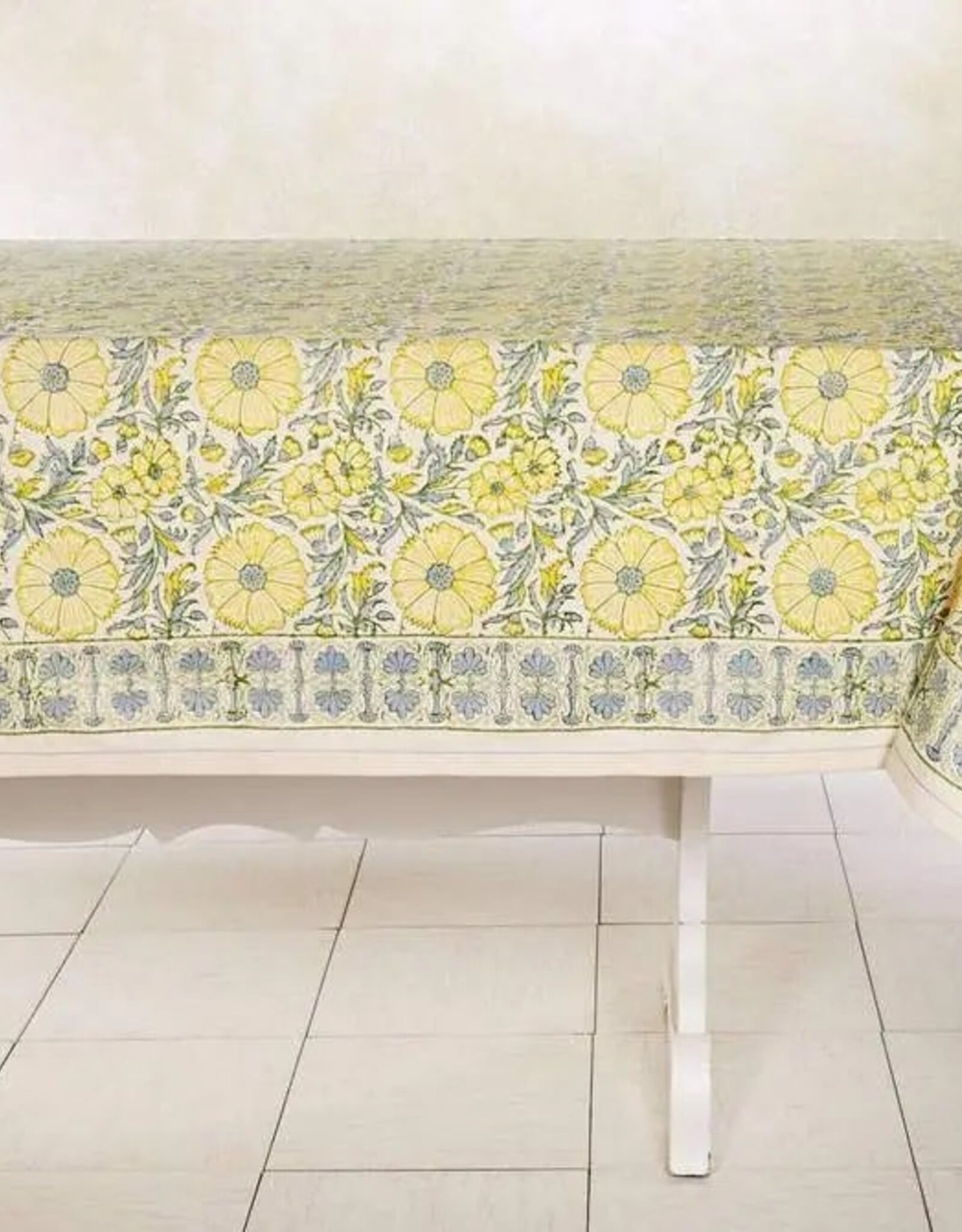 Sustainable Threads Hand Block Printed Cotton Tablecloth - Bloom Wheat 60" X 60"