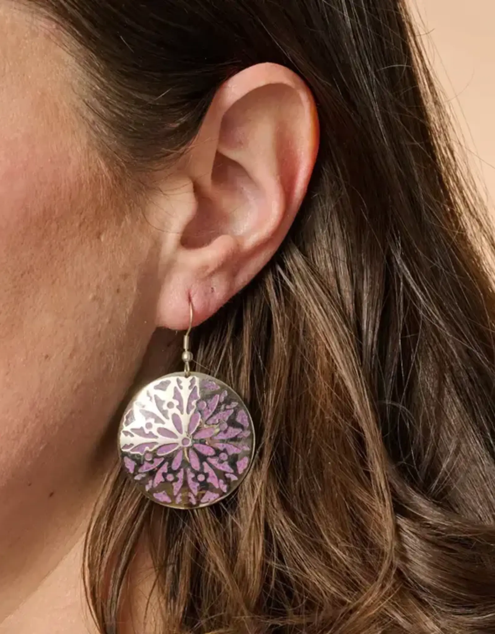 Ten Thousand Villages Etched Silver & Purple Medallion Earrings