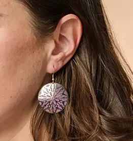 Ten Thousand Villages Etched Silver & Purple Medallion Earrings