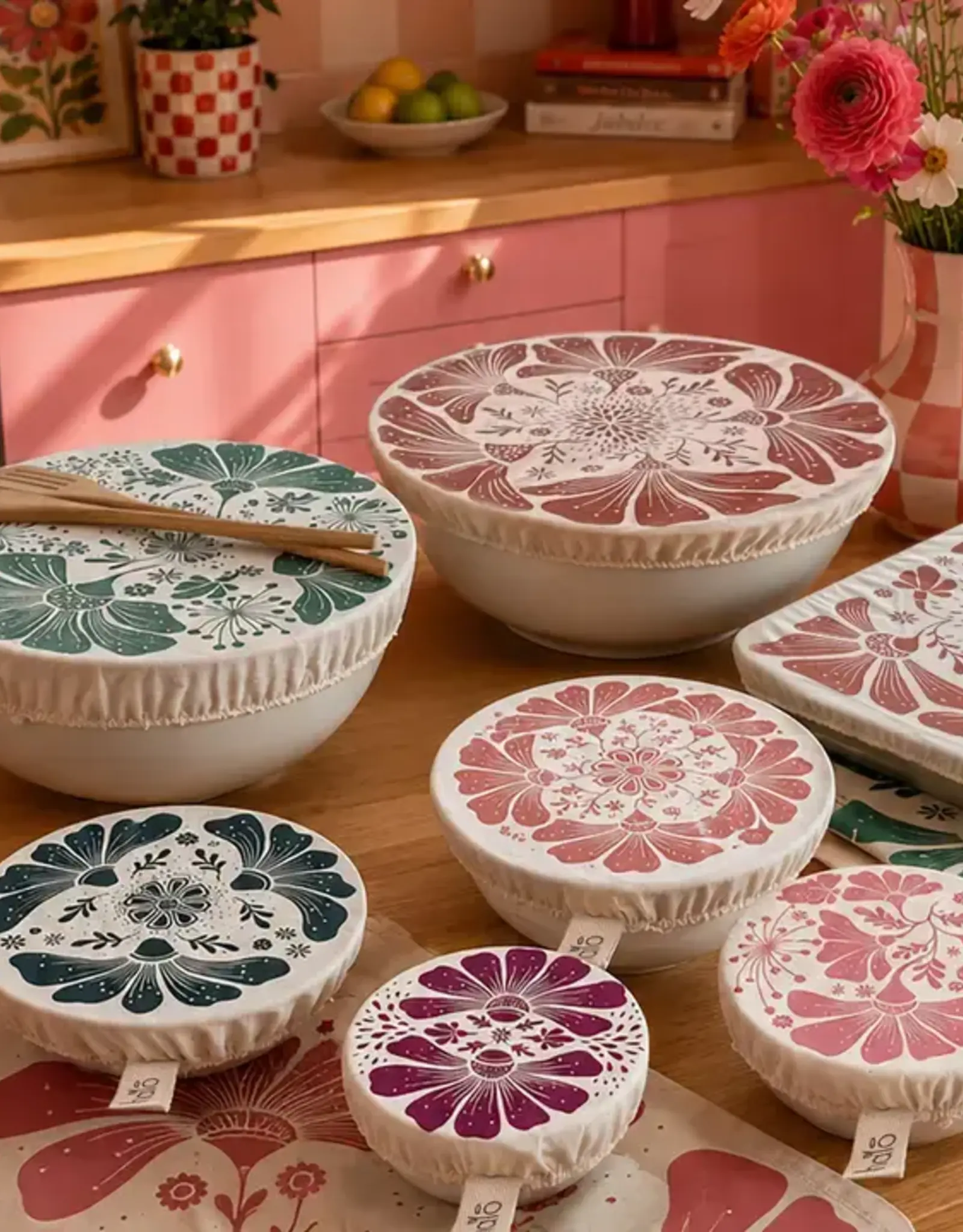 Halo Dish Covers Halo Bowl Cover Retrobloom Print  - Large Set of 3