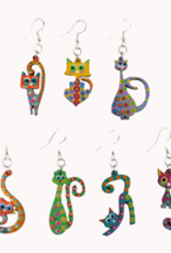 Minga Fair Trade Painted Carved Wood Earrings - Funky Cat