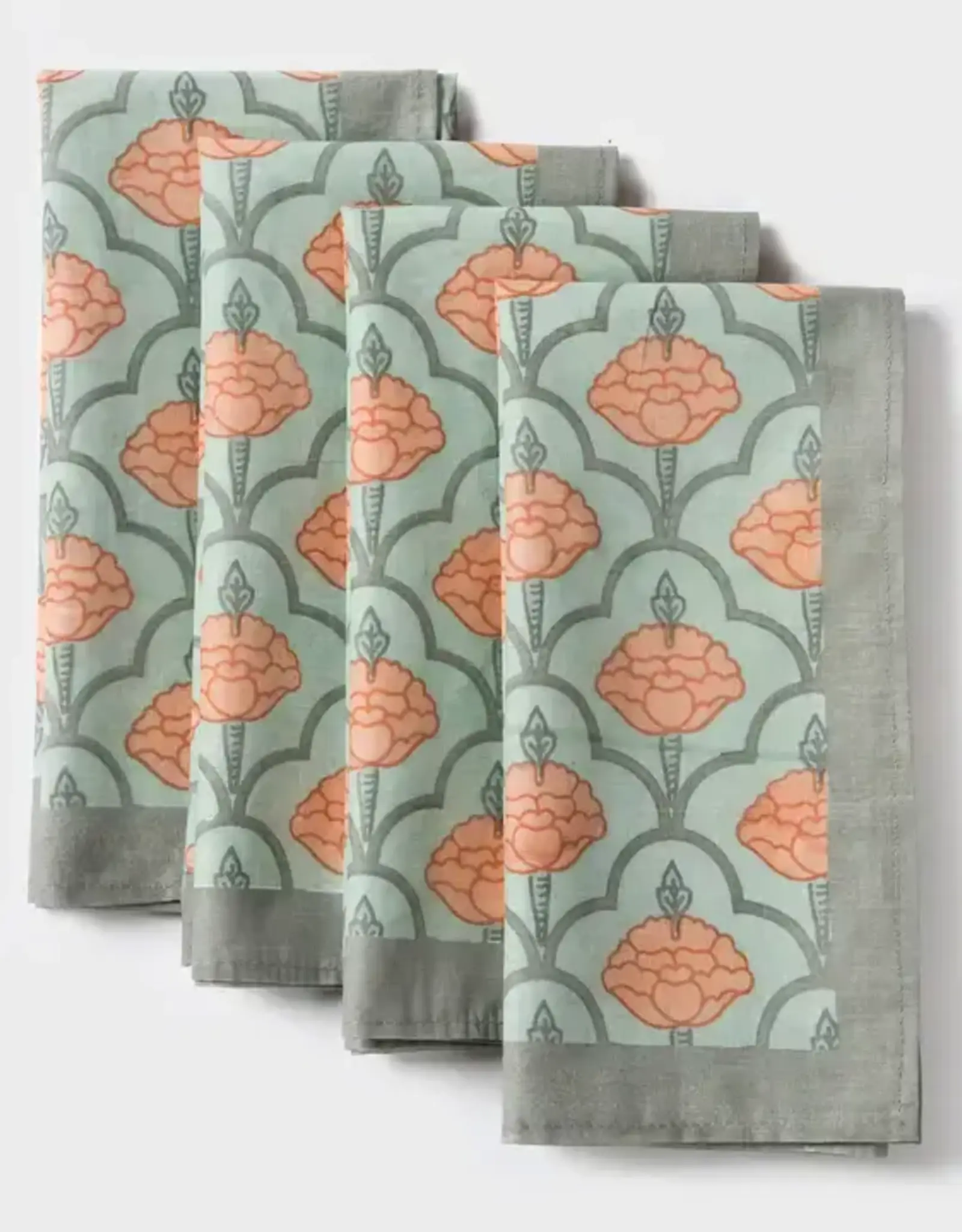 Mela Artisans Green Gulshan Floral Handprinted Cotton Cloth Napkins - Set of 4