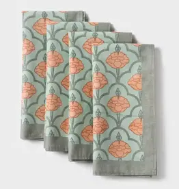 Mela Artisans Green Gulshan Floral Handprinted Cotton Cloth Napkins - Set of 4