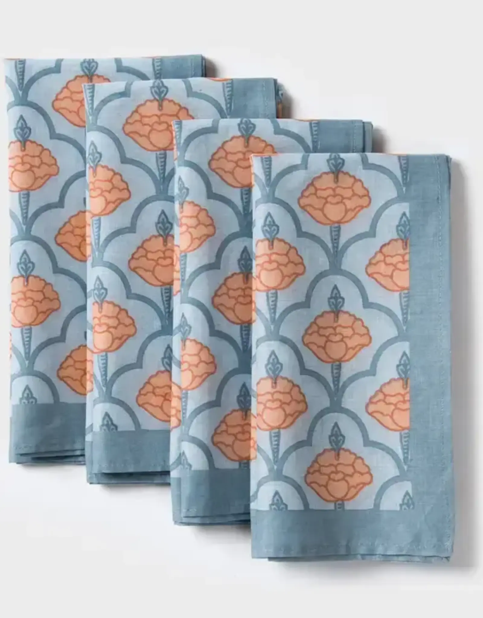 Mela Artisans Blue Gulshan Floral Handprinted Cotton Cloth Napkins - Set of 4