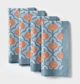 Mela Artisans Blue Gulshan Floral Handprinted Cotton Cloth Napkins - Set of 4