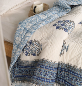 Mela Artisans Mughal Floral Handprinted Reversible Quilt - Blue (60" x 90")