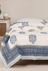 Mela Artisans Mughal Floral Handprinted Reversible Quilt - Blue (60" x 90")