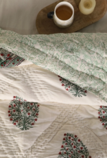 Mela Artisans Mughal Floral Handprinted Reversible Quilt - Green (60" x 90")