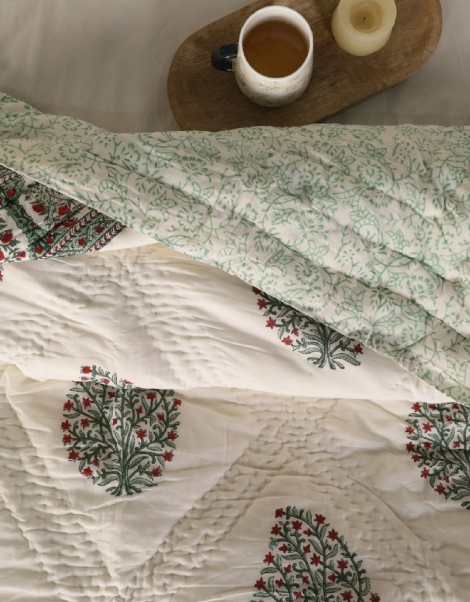 Mela Artisans Mughal Floral Handprinted Reversible Quilt - Green (60" x 90")