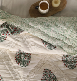 Mela Artisans Mughal Floral Handprinted Reversible Quilt - Green (60" x 90")