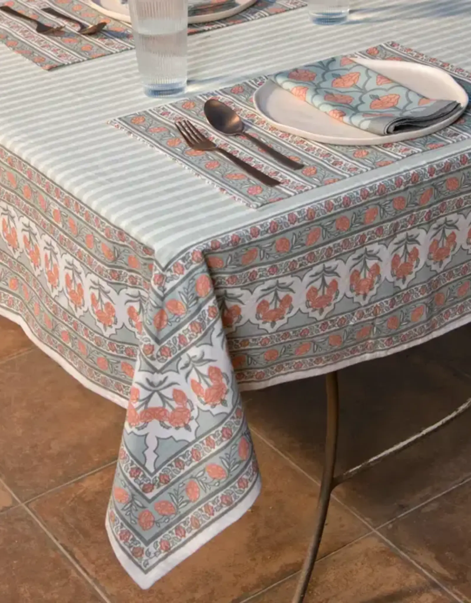 Mela Artisans Green Gulshan Floral Handprinted Cotton Tablecloth - 56" x 88"