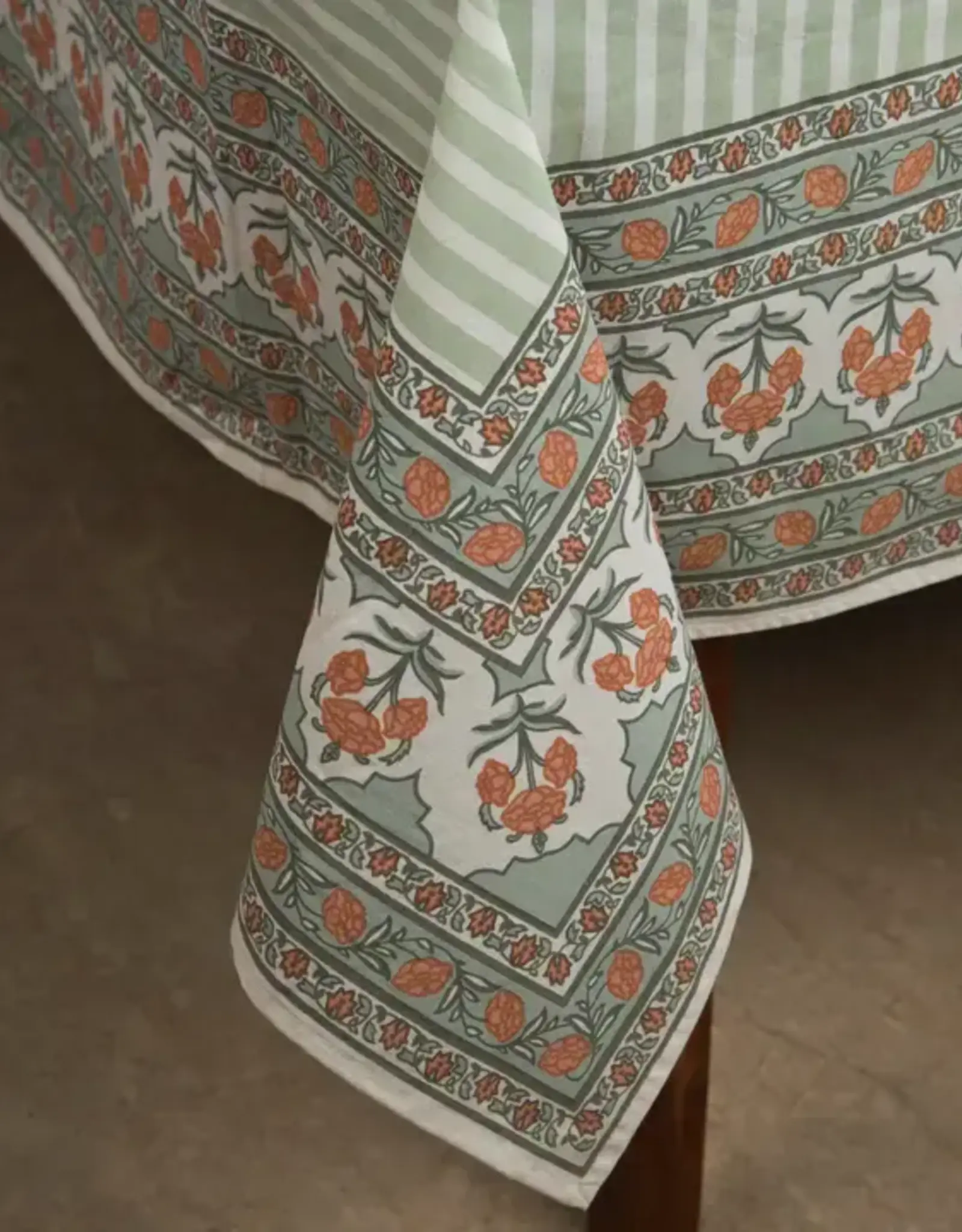 Mela Artisans Green Gulshan Floral Handprinted Cotton Tablecloth - 56" x 88"