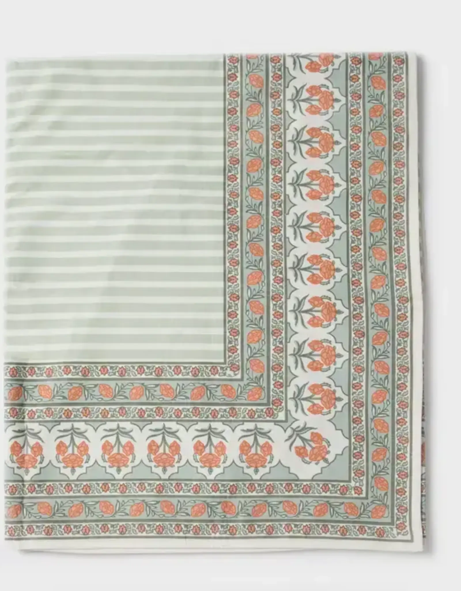 Mela Artisans Green Gulshan Floral Handprinted Cotton Tablecloth - 56" x 88"
