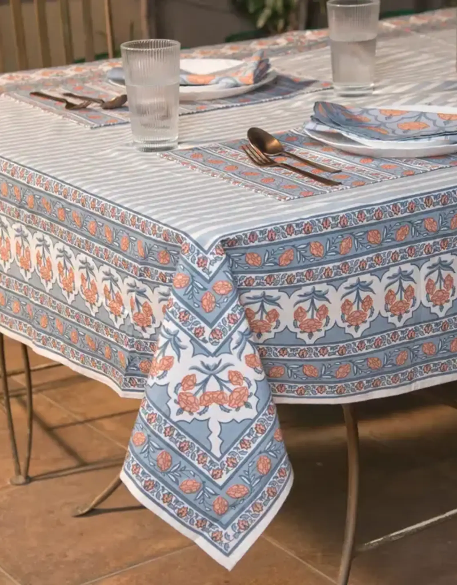 Mela Artisans Blue Gulshan Floral Handprinted Cotton Tablecloth - 56" x 88"
