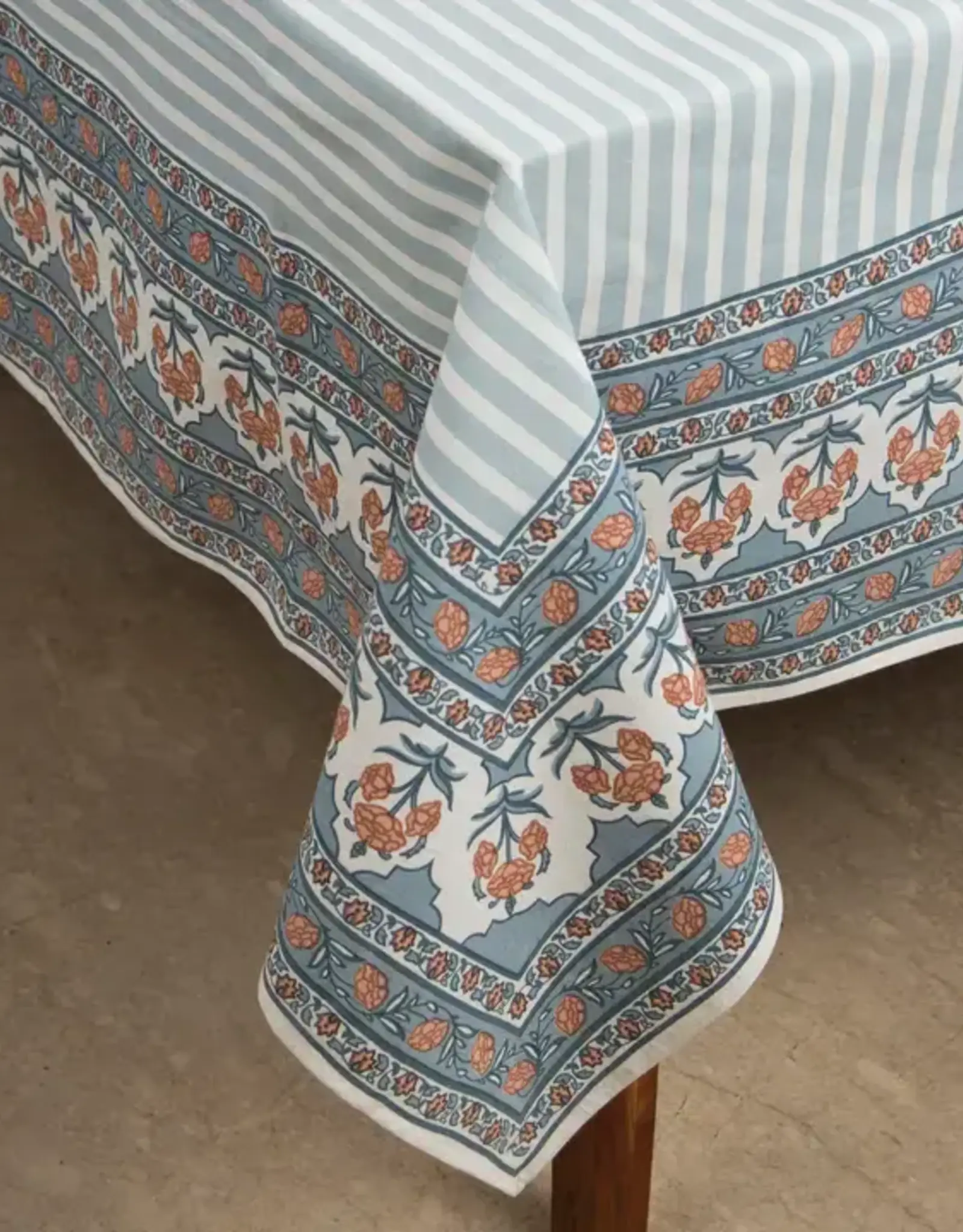 Mela Artisans Blue Gulshan Floral Handprinted Cotton Tablecloth - 56" x 88"