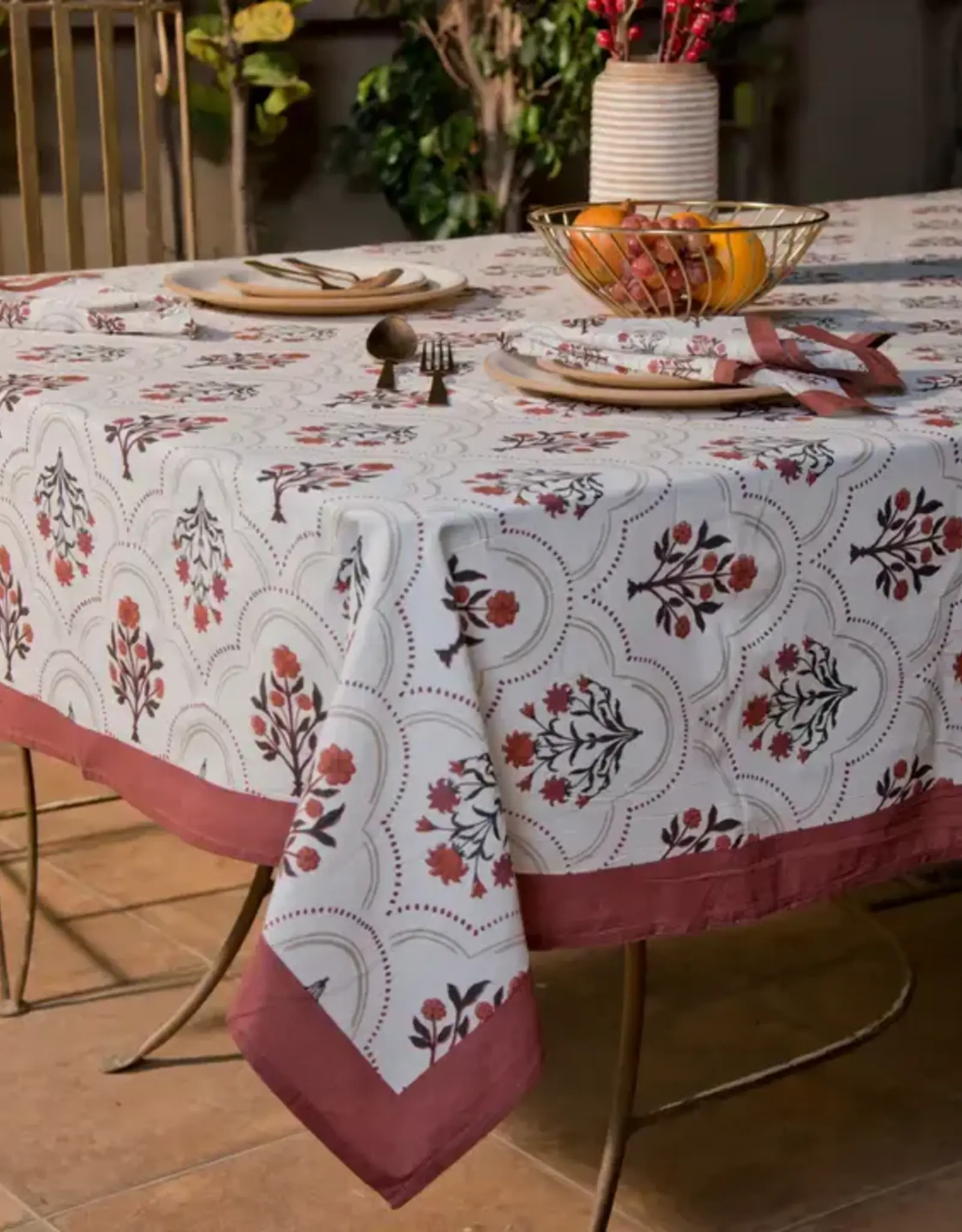 Mela Artisans Gulnaar Floral Handprinted Cotton Tablecloth - 56" x 88"