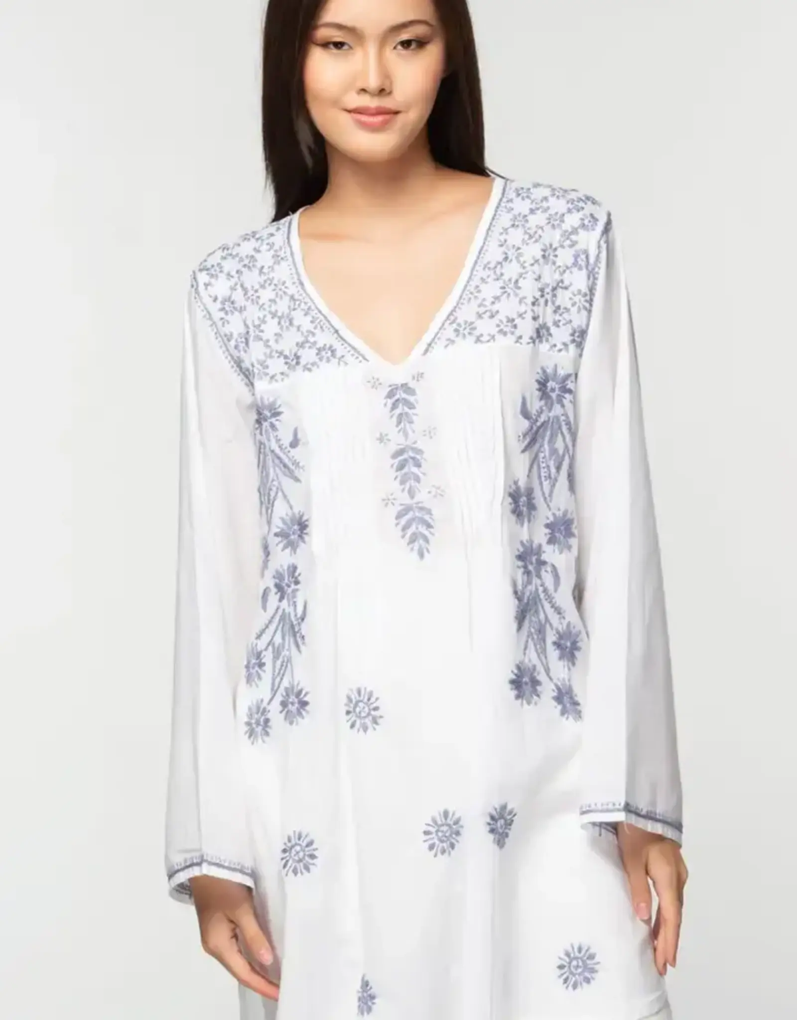 Sevya Handmade Divya Hand-Embroidered Cotton Tunic - White & Lavender