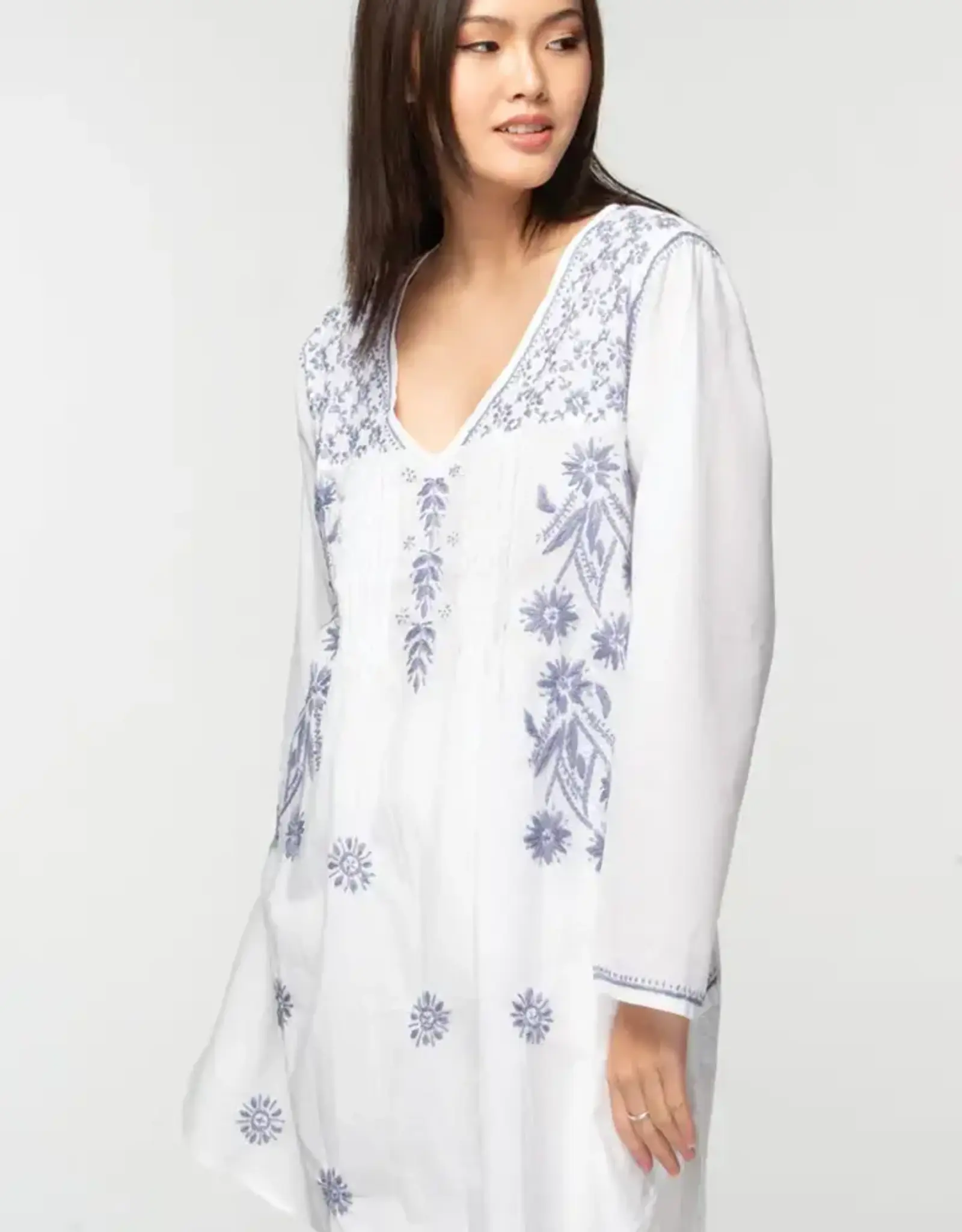 Sevya Handmade Divya Hand-Embroidered Cotton Tunic - White & Lavender