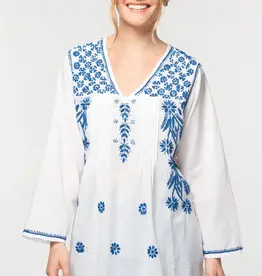 Sevya Handmade Divya Hand-Embroidered Cotton Tunic - White & Navy