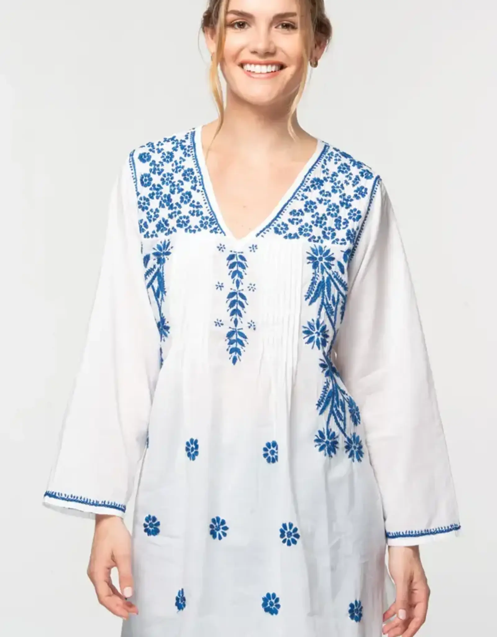 Sevya Handmade Divya Hand-Embroidered Cotton Tunic - White & Navy