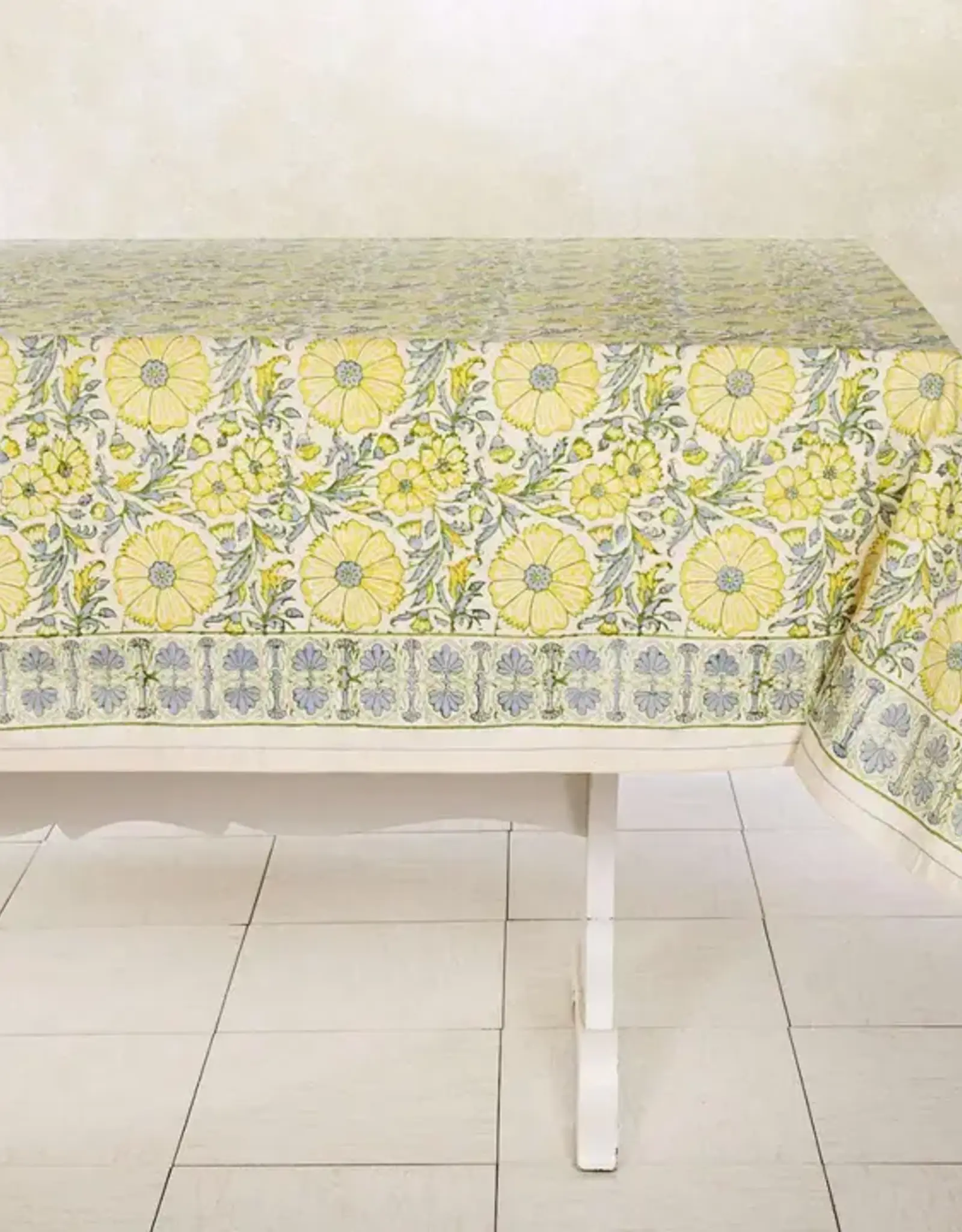 Sustainable Threads Hand Block Printed Kora Cotton Tablecloth - Bloom Wheat 90" X 60"