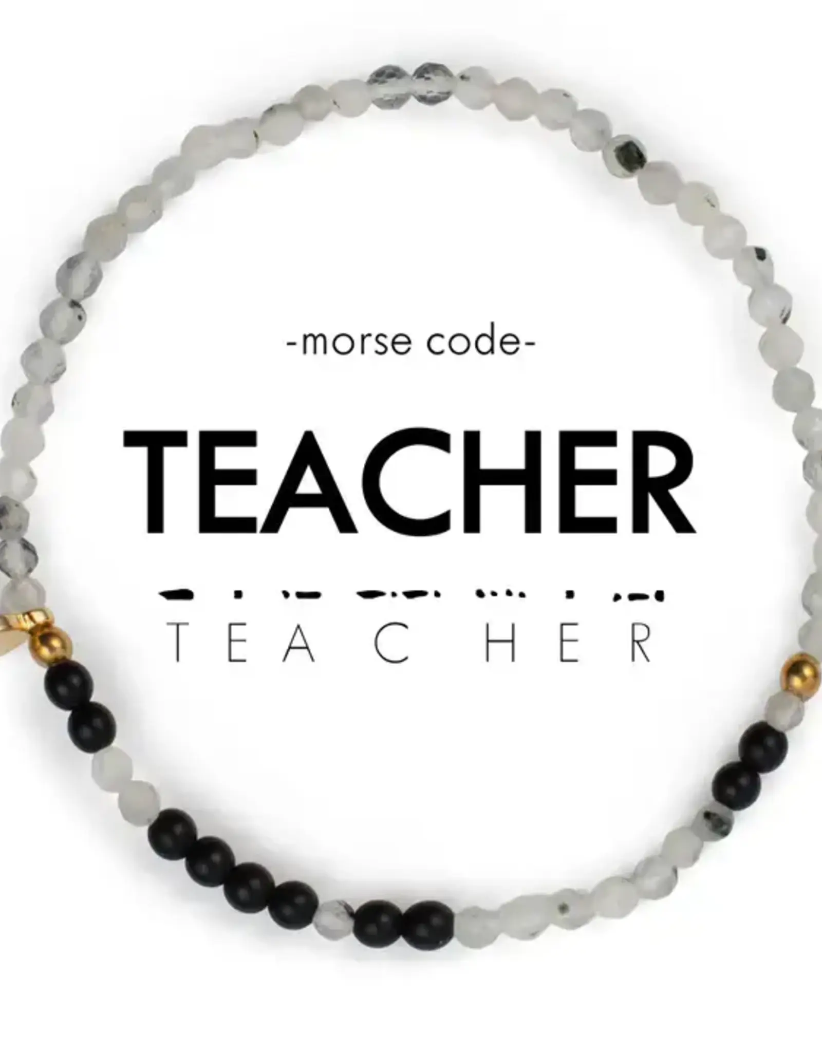 EthicGoods 3mm Morse Code Bracelet: Teacher (Rainbow Moonstone & Onyx)