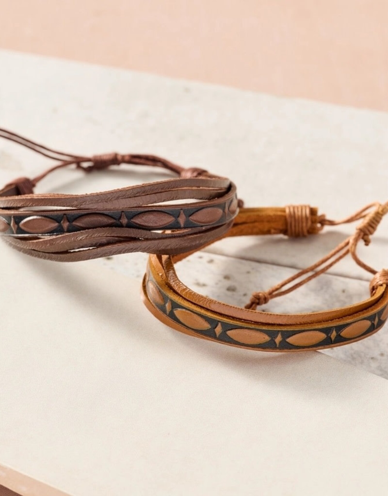Ten Thousand Villages Tikat Embossed Leather Bracelets
