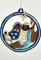 Dandarah Metal Nativity Medallion Ornament Blue and Yellow