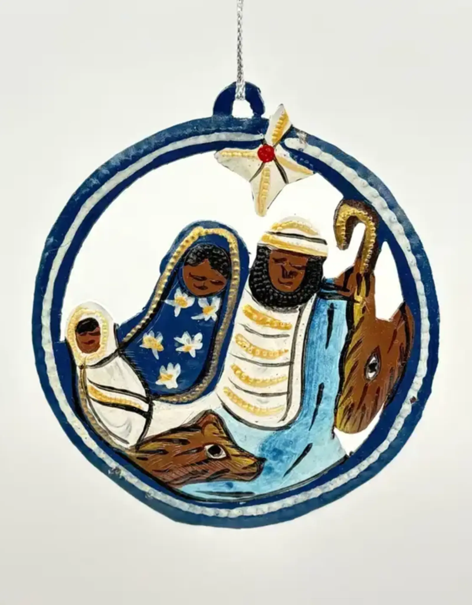 Dandarah Metal Nativity Medallion Ornament Blue and Yellow
