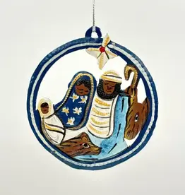 Dandarah Metal Nativity Medallion Ornament Blue and Yellow