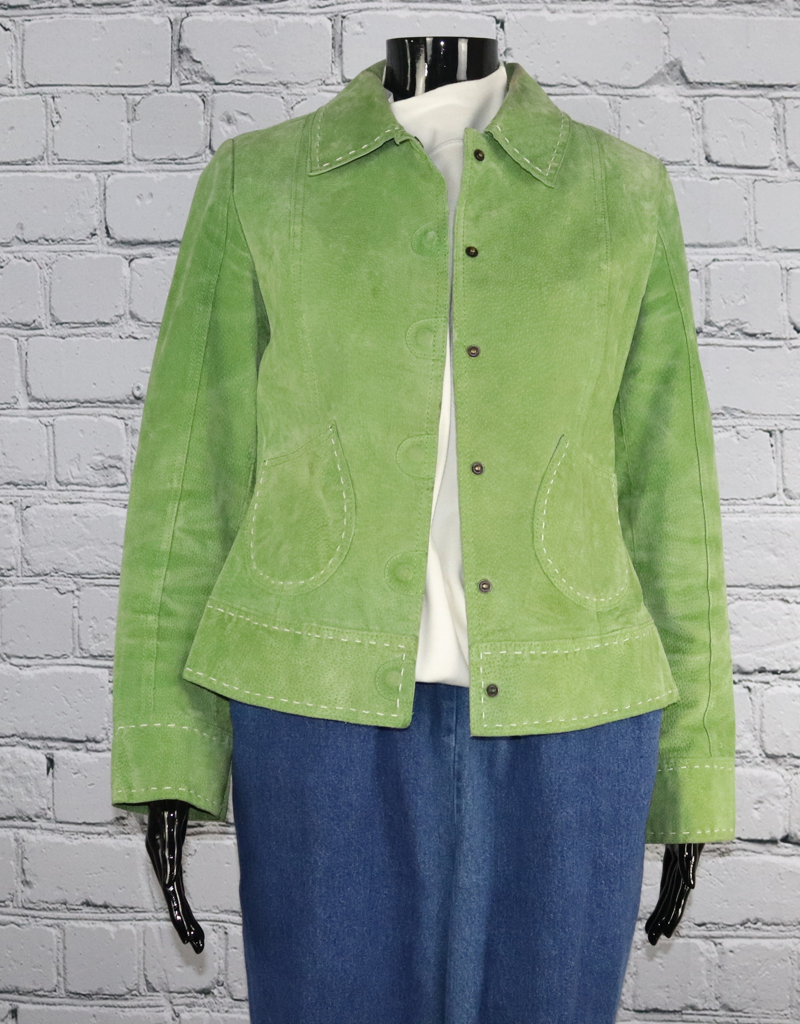 Bamboo Traders: 1970's-1980's Vintage Solid Lime Green Leather Jacket with White Threading for Gals