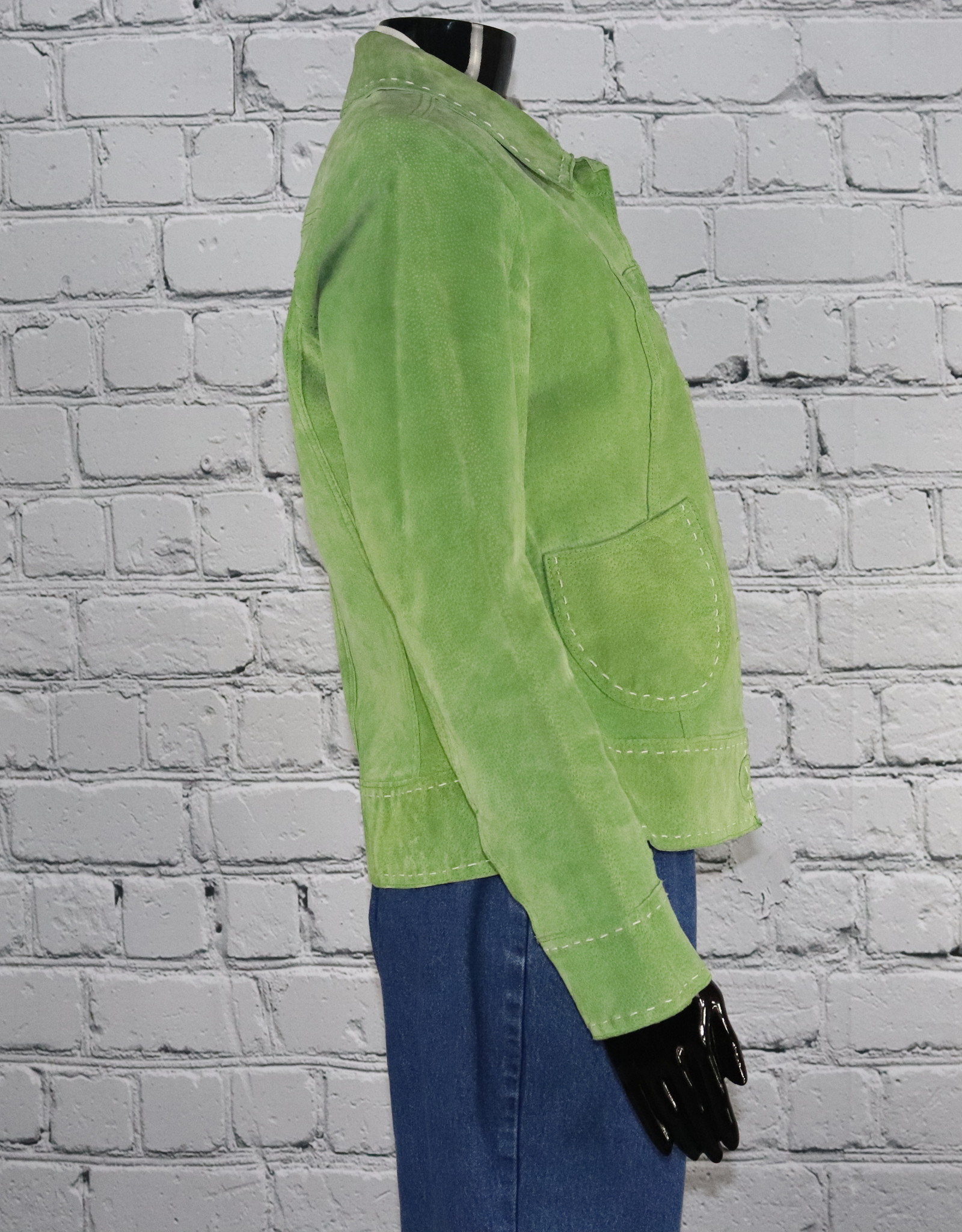 Bamboo Traders: 1970's-1980's Vintage Solid Lime Green Leather Jacket with White Threading for Gals