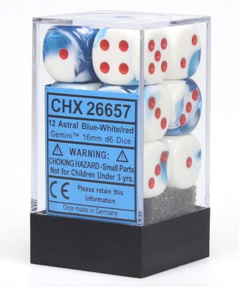 Chessex - CHX 12-die 16mm d6 Set Astral Blue-White w/ Red